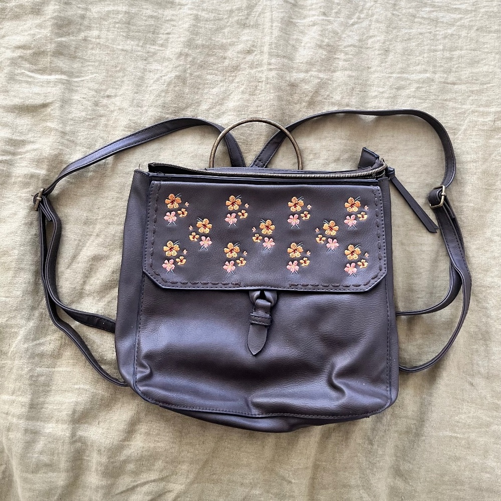 Embroidered Floral Leather Backpack